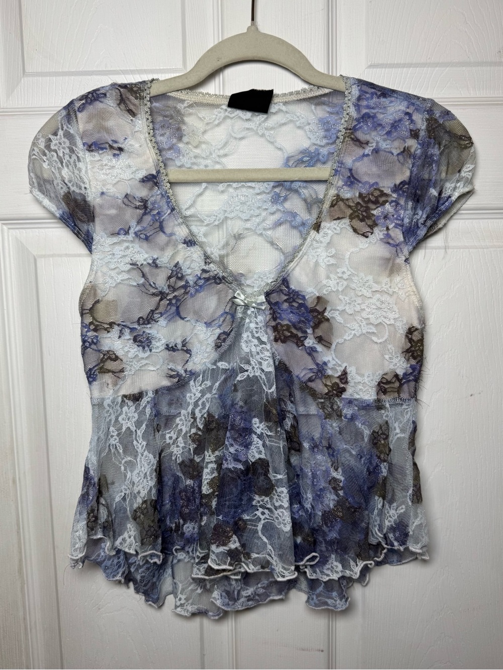 Sweet Lilac y2k Babydoll Mesh Semi Sheer Floral Lace Overlay Top Whimsigoth